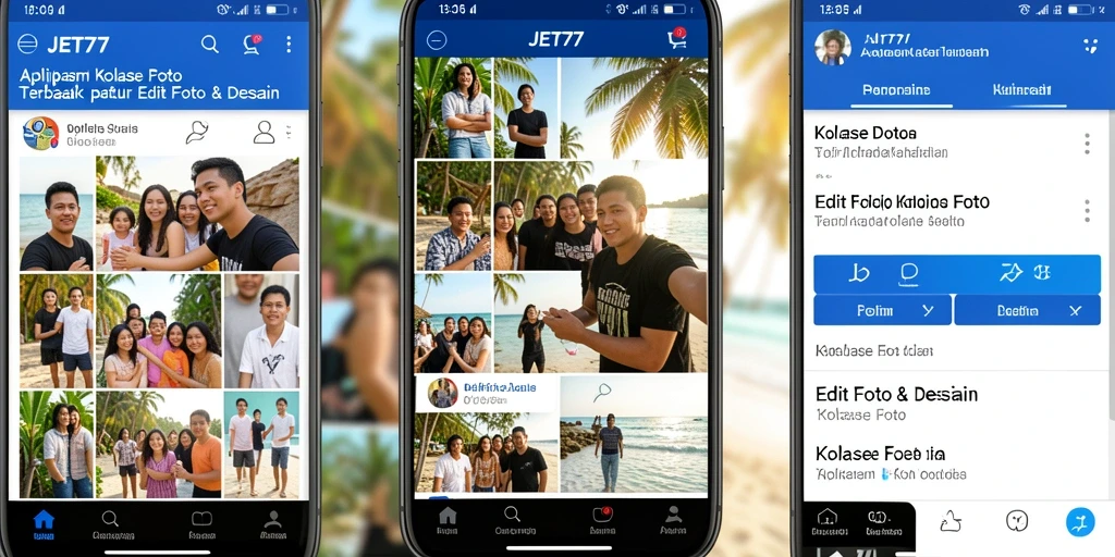 Antarmuka JET77 yang menarik dan fitur kolase foto yang lengkap.