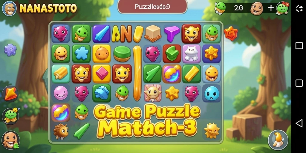 Tampilan antarmuka permainan NANASTOTO dengan elemen Puzzle Match-3 yang menarik.